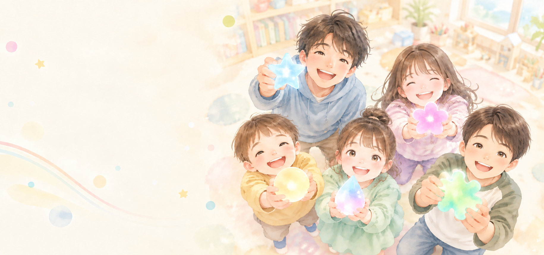 それぞれ違う色と形の光を手に、笑顔でこちらを見る年齢の異なる子どもたちのイラスト
